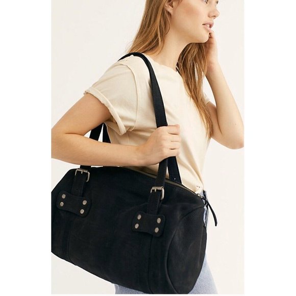 Free People Leather Round Duffle Bag in Black